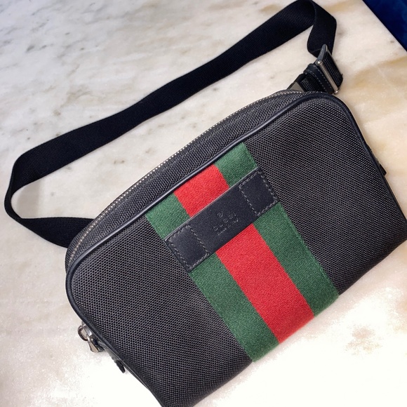 Gucci Unisex Red Green Strap Belt Bag Techno Canvas Black